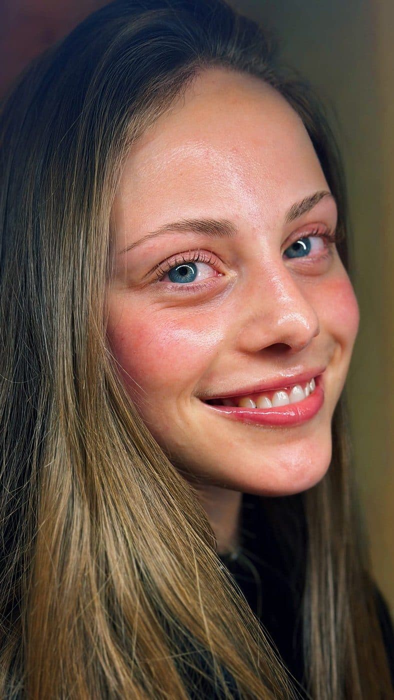 Clienta sonriendo con cejas definidas